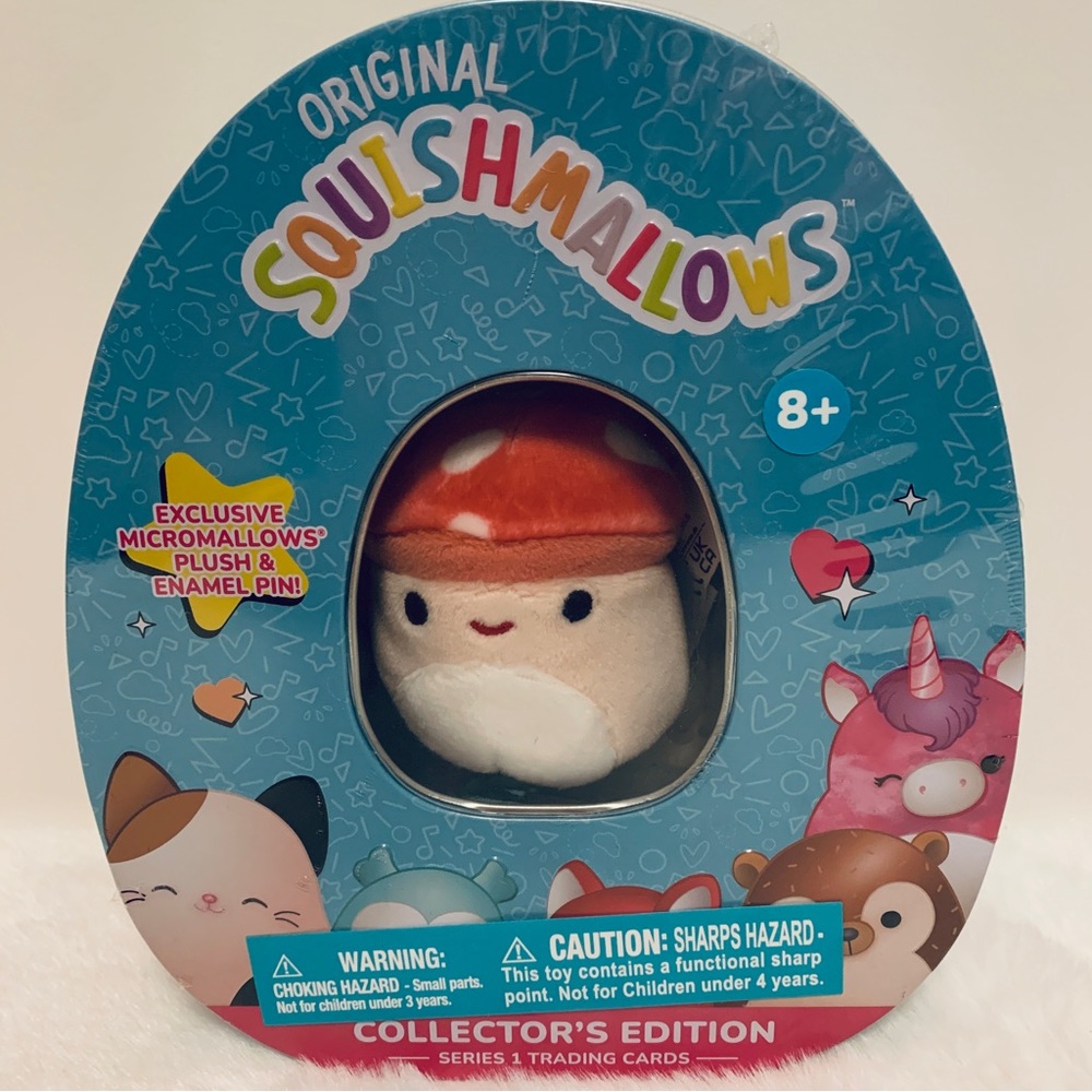 Squishmallow Malcolm Mushroom Collector Tin, Micromallow, Lapel Pin, Sealed New